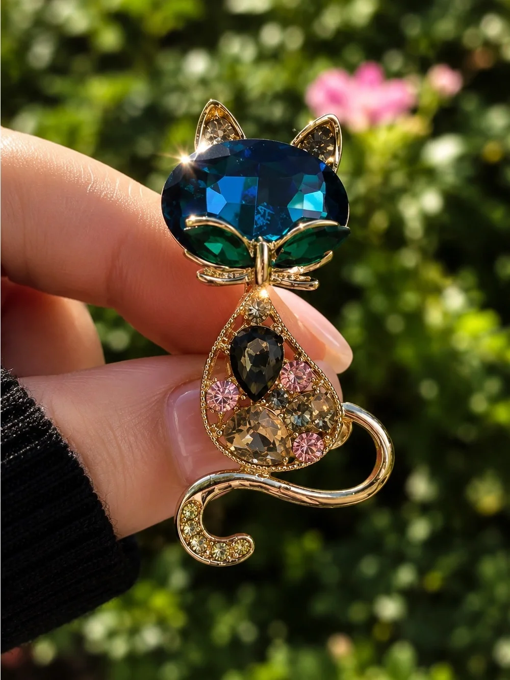 Gold tone Cat Brooch with Blue and Green Crystals - Elegant Pet-Inspired Jewelry